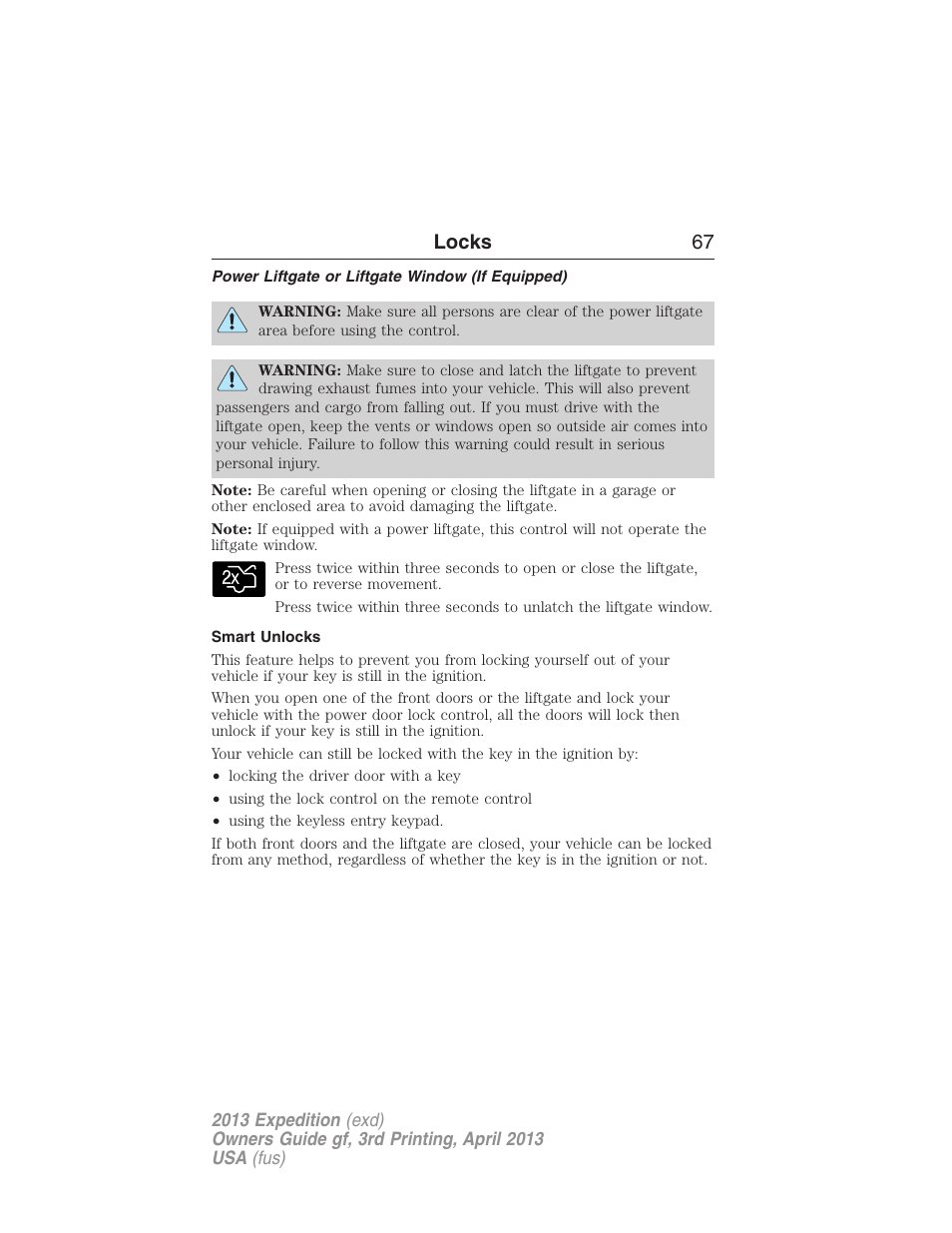 Power liftgate or liftgate window (if equipped), Smart unlocks, Locks 67 | FORD 2013 Expedition v.3 User Manual | Page 68 / 515