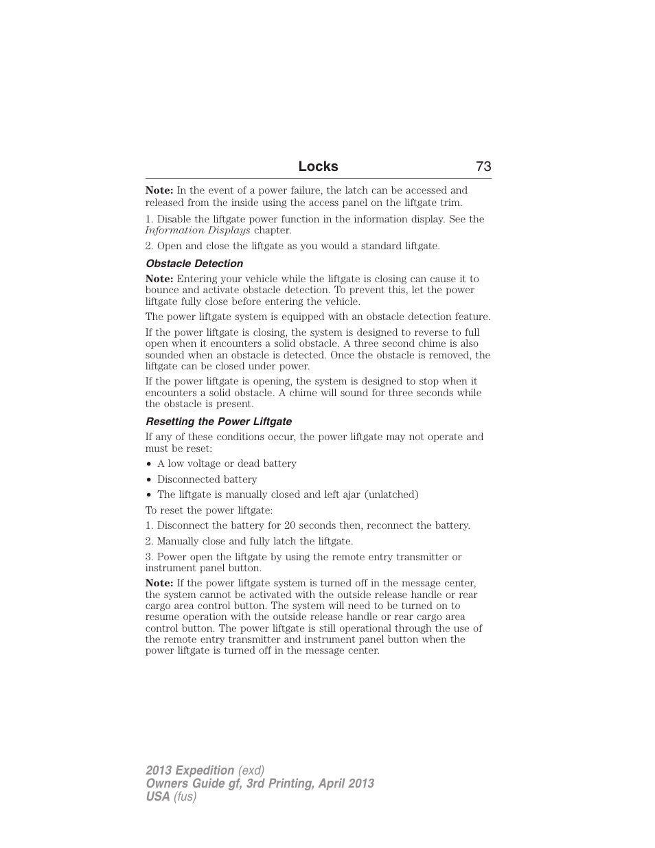 Obstacle detection, Resetting the power liftgate, Locks 73 | FORD 2013 Expedition v.3 User Manual | Page 74 / 515