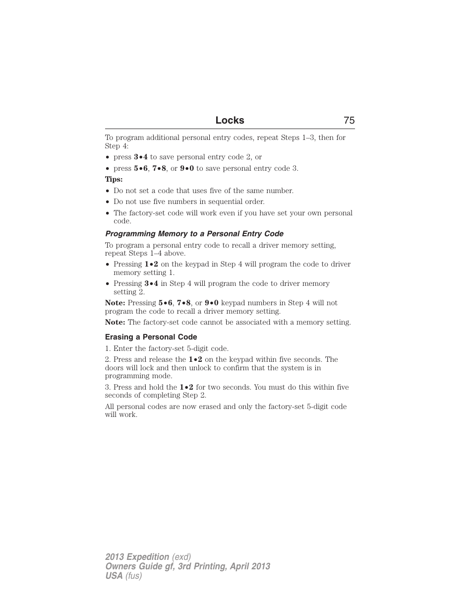 Programming memory to a personal entry code, Erasing a personal code, Locks 75 | FORD 2013 Expedition v.3 User Manual | Page 76 / 515