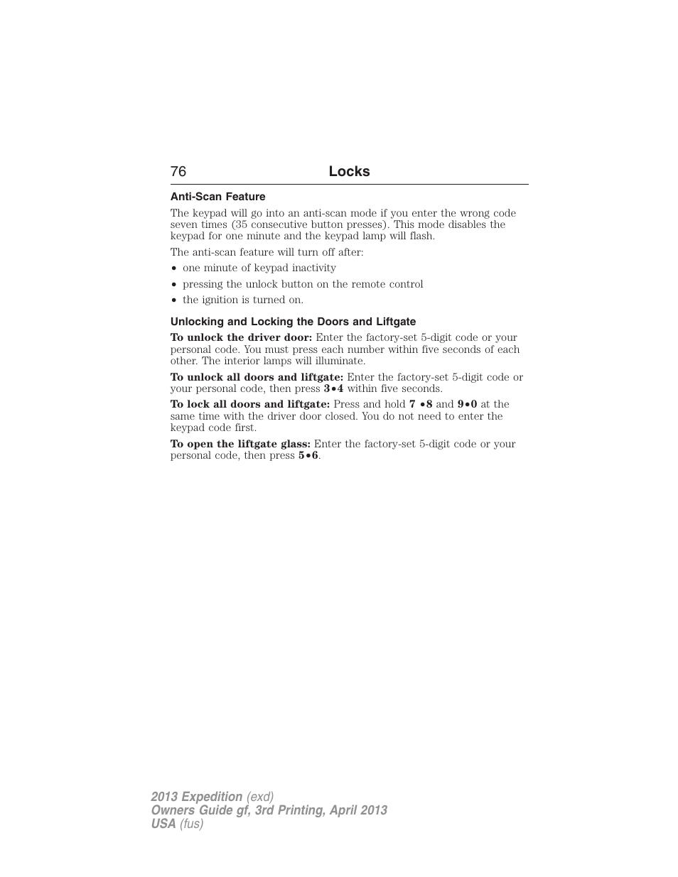 Anti-scan feature, Unlocking and locking the doors and liftgate, 76 locks | FORD 2013 Expedition v.3 User Manual | Page 77 / 515