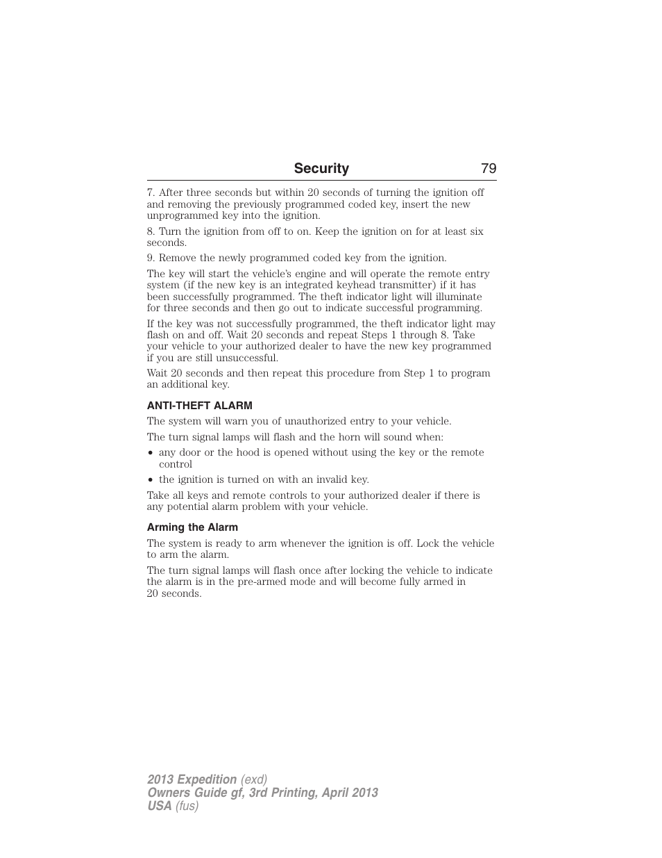 Anti-theft alarm, Arming the alarm, Security 79 | FORD 2013 Expedition v.3 User Manual | Page 80 / 515