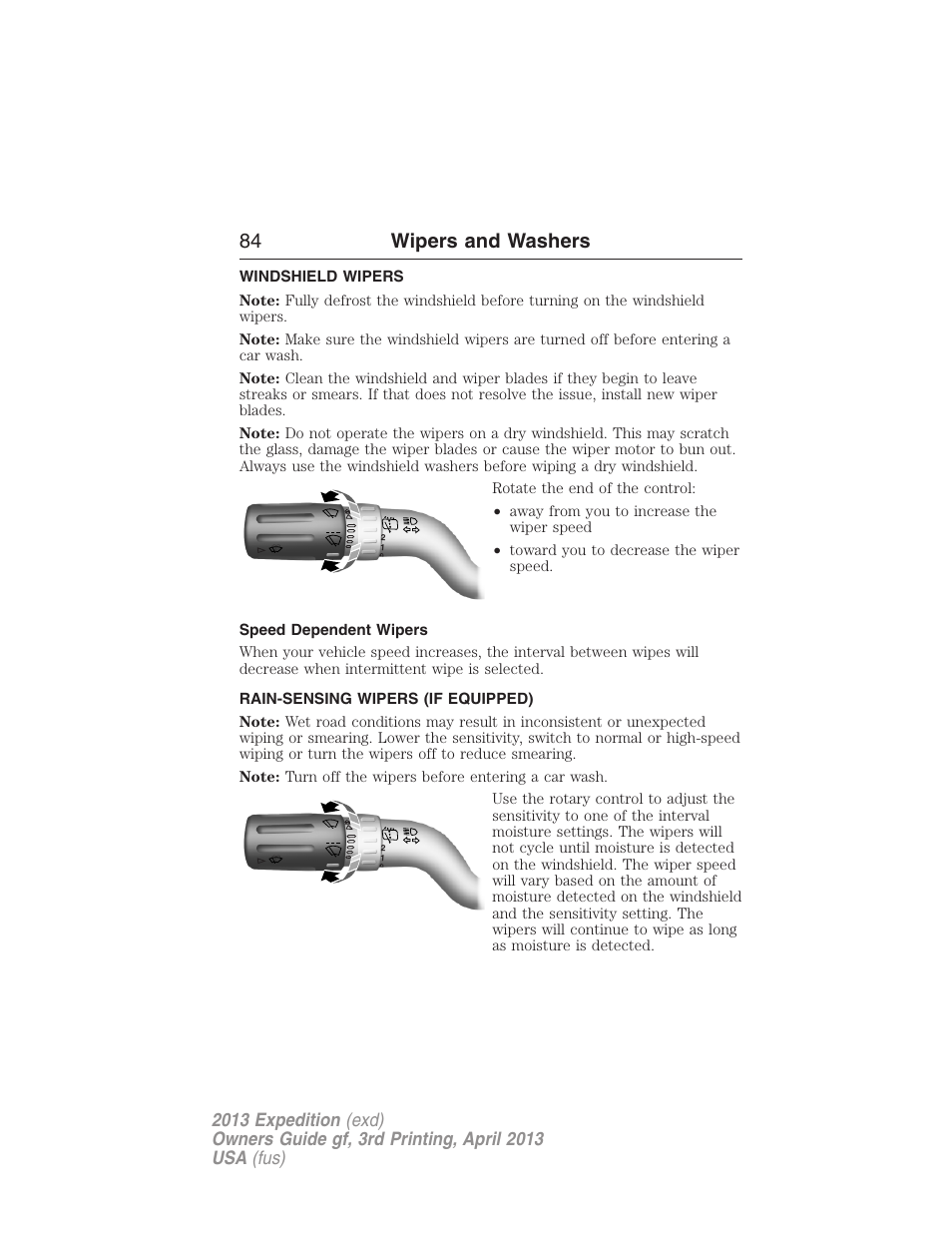 Wipers and washers, Windshield wipers, Speed dependent wipers | Rain-sensing wipers (if equipped), Rain-sensing wipers, 84 wipers and washers | FORD 2013 Expedition v.3 User Manual | Page 85 / 515