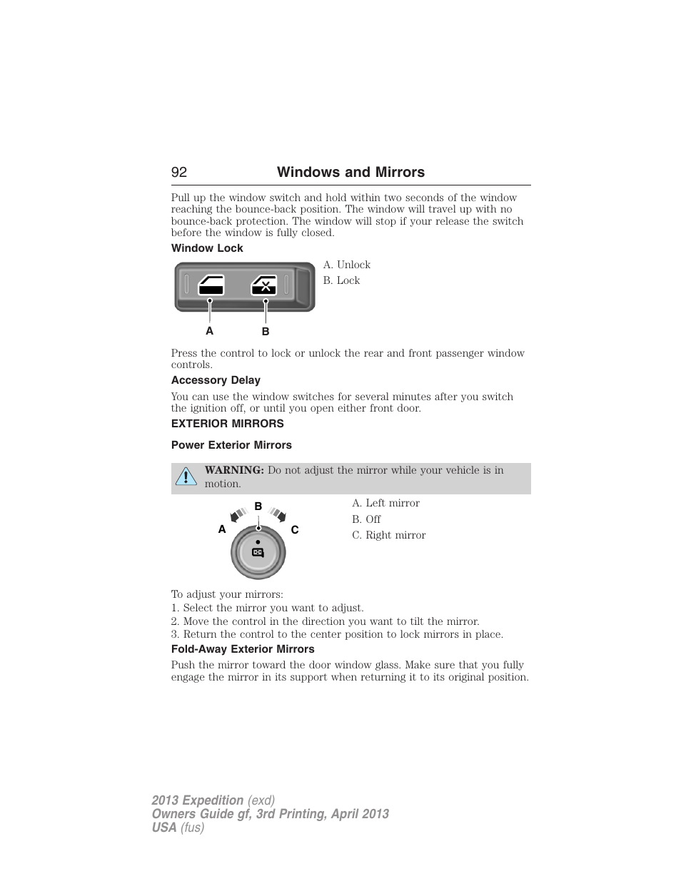 Window lock, Accessory delay, Exterior mirrors | Power exterior mirrors, Fold-away exterior mirrors, 92 windows and mirrors | FORD 2013 Expedition v.3 User Manual | Page 93 / 515