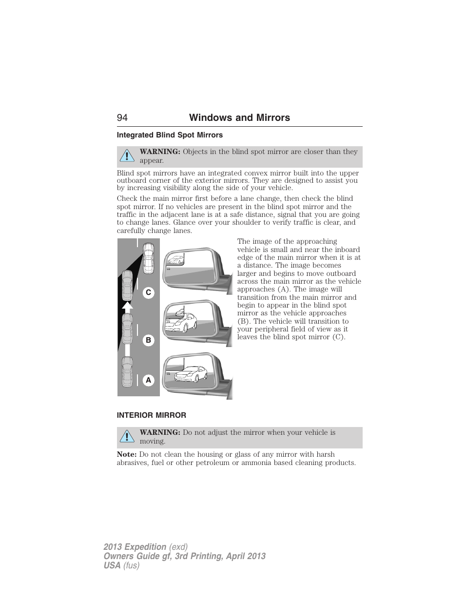 Integrated blind spot mirrors, Interior mirror, Interior mirrors | 94 windows and mirrors | FORD 2013 Expedition v.3 User Manual | Page 95 / 515