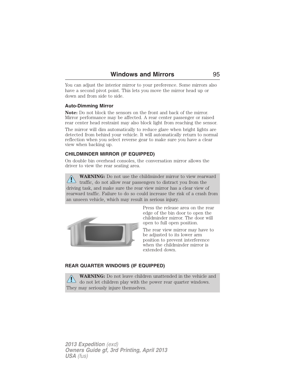 Auto-dimming mirror, Childminder mirror (if equipped), Rear quarter windows (if equipped) | Windows and mirrors 95 | FORD 2013 Expedition v.3 User Manual | Page 96 / 515