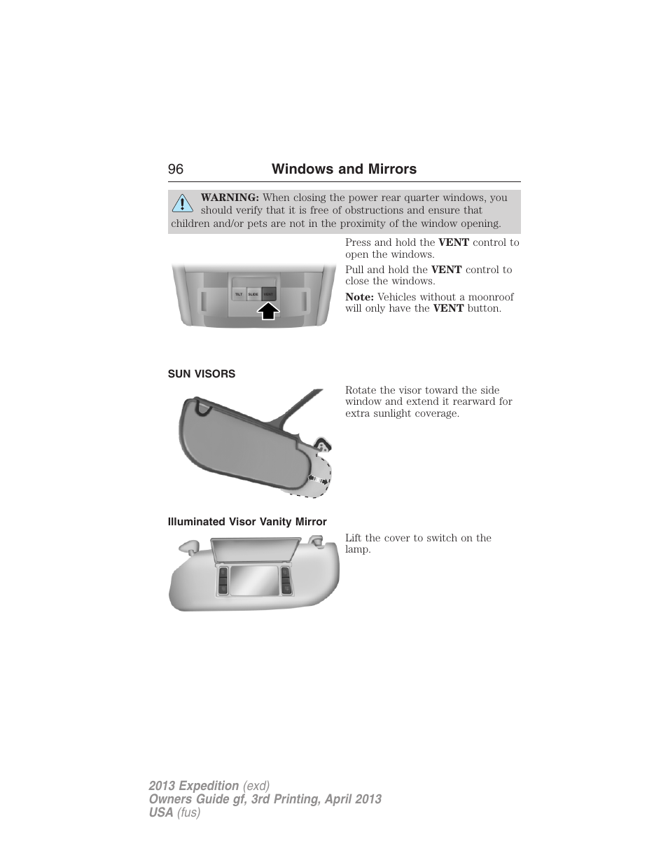 Sun visors, Illuminated visor vanity mirror, 96 windows and mirrors | FORD 2013 Expedition v.3 User Manual | Page 97 / 515