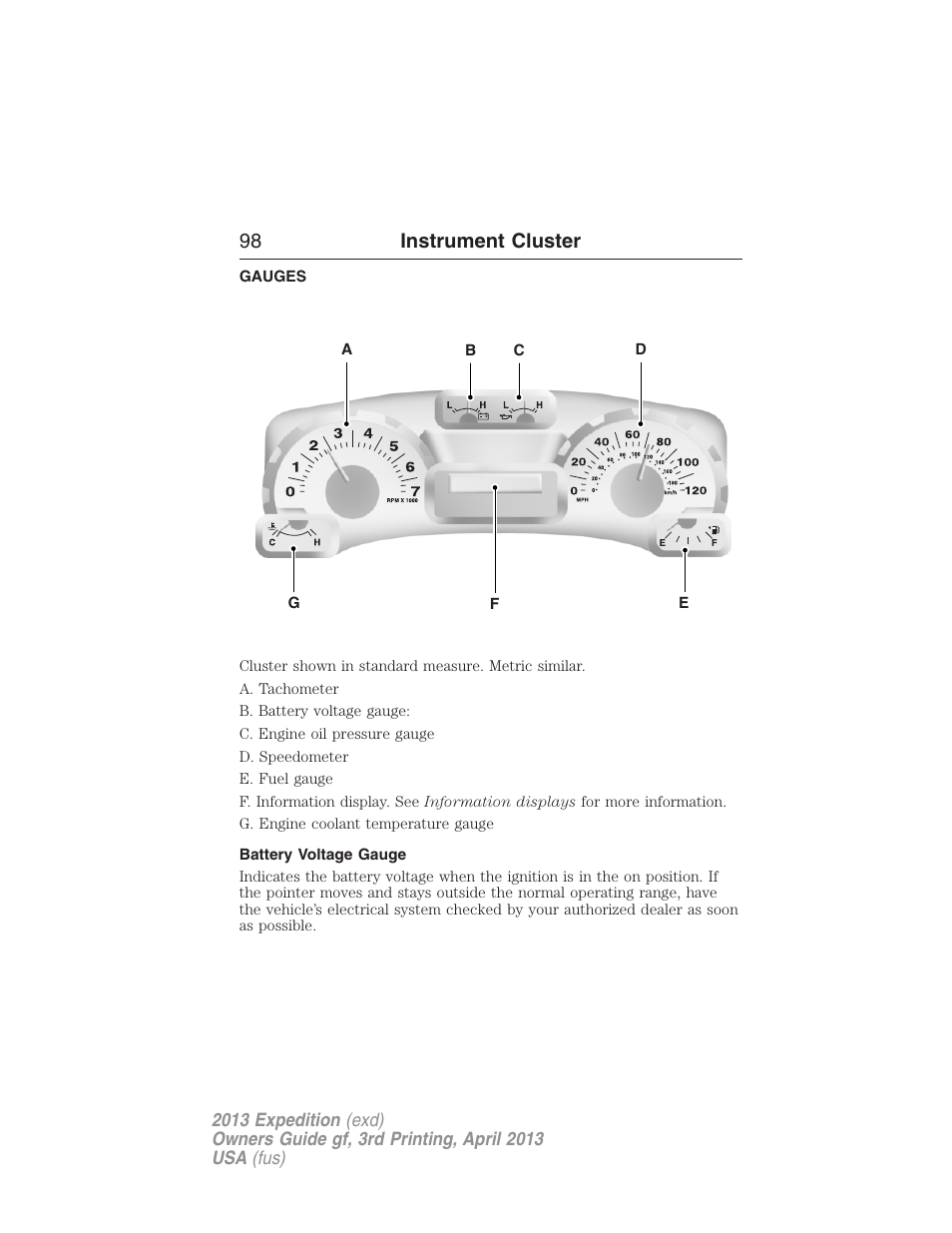 Instrument cluster, Gauges, Battery voltage gauge | 98 instrument cluster | FORD 2013 Expedition v.3 User Manual | Page 99 / 515