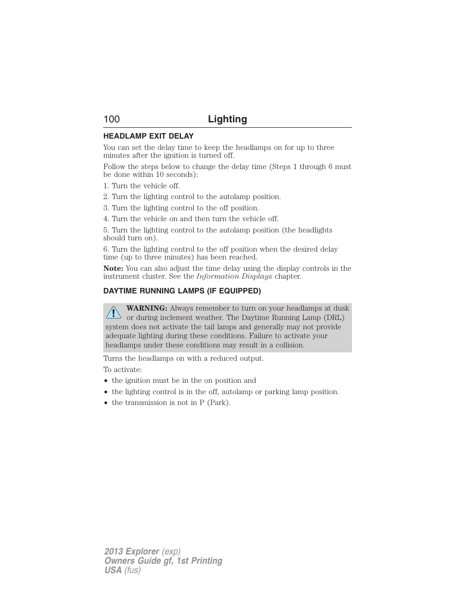 Headlamp exit delay, Daytime running lamps (if equipped), Daytime running lamps | 100 lighting | FORD 2013 Explorer v.1 User Manual | Page 100 / 576