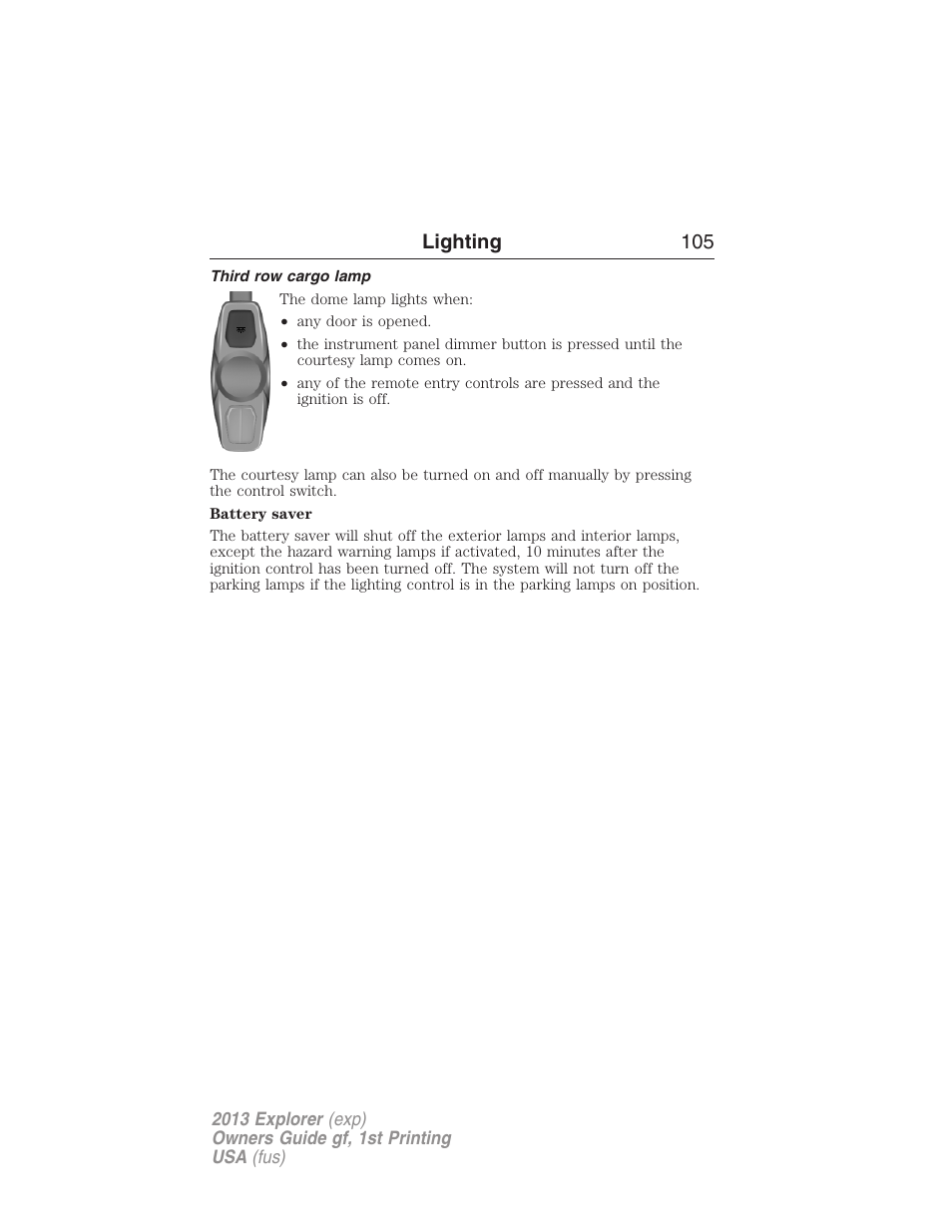 Third row cargo lamp, Lighting 105 | FORD 2013 Explorer v.1 User Manual | Page 105 / 576