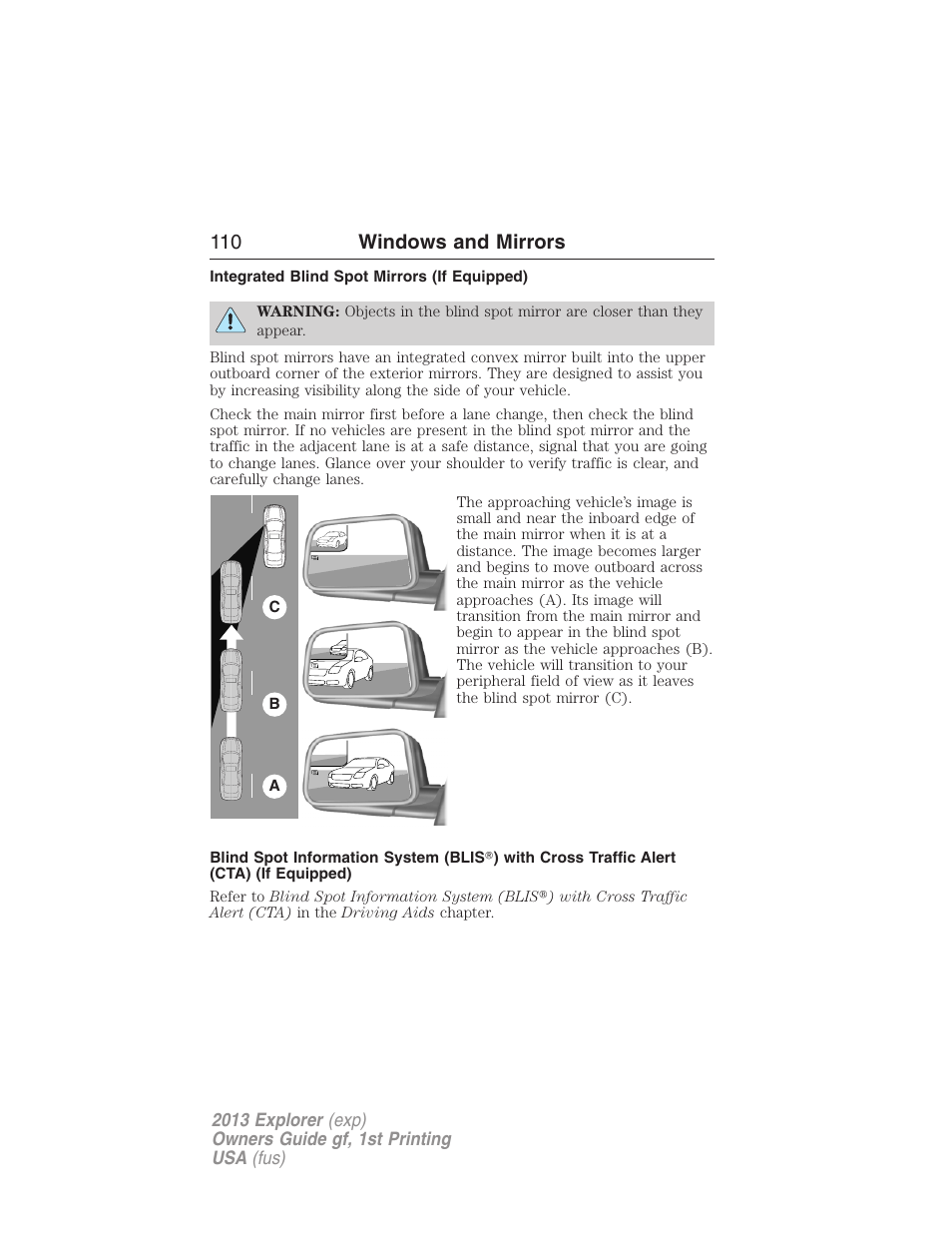 Integrated blind spot mirrors (if equipped), 110 windows and mirrors | FORD 2013 Explorer v.1 User Manual | Page 110 / 576