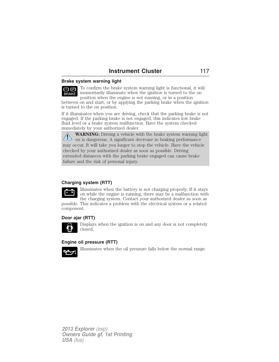 Brake system warning light, Charging system (rtt), Door ajar (rtt) | Engine oil pressure (rtt), Instrument cluster 117 | FORD 2013 Explorer v.1 User Manual | Page 117 / 576