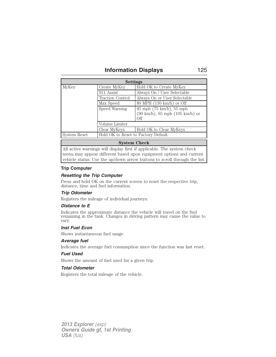 Trip computer, Resetting the trip computer, Trip odometer | Distance to e, Inst fuel econ, Average fuel, Fuel used, Total odometer, Information displays 125 | FORD 2013 Explorer v.1 User Manual | Page 125 / 576