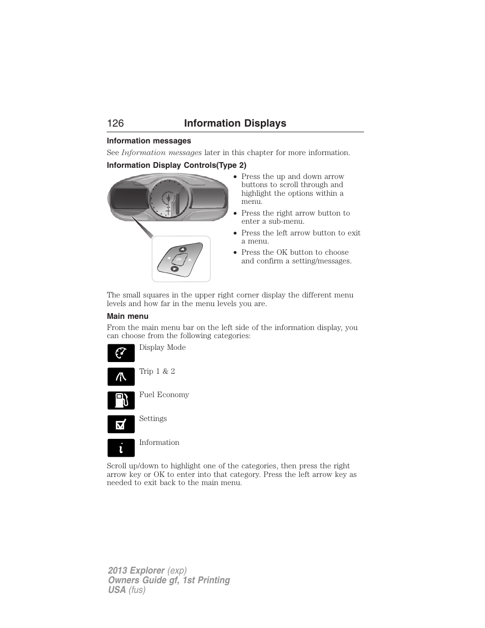 Information messages, Information display controls(type 2), Main menu | 126 information displays | FORD 2013 Explorer v.1 User Manual | Page 126 / 576