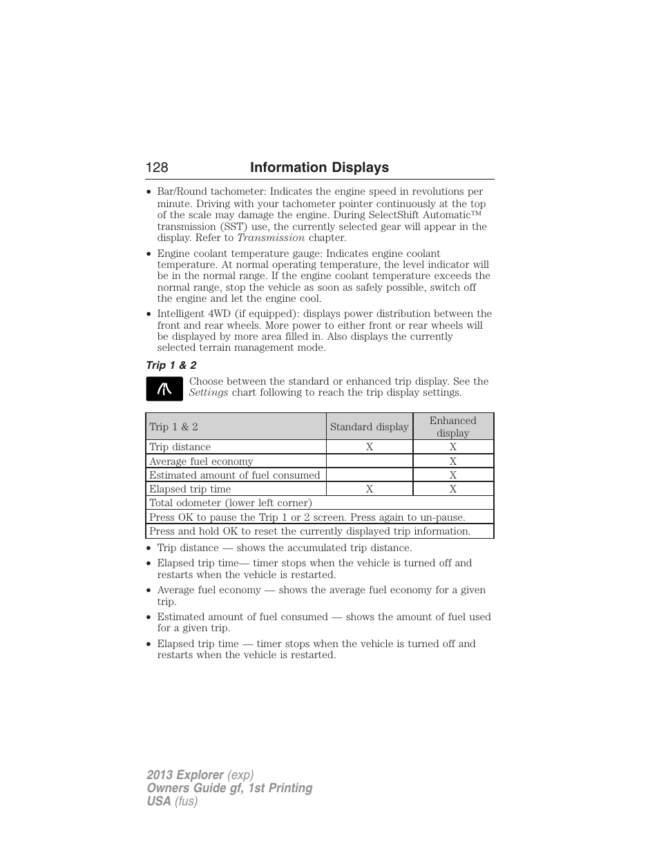 Trip 1 & 2, 128 information displays | FORD 2013 Explorer v.1 User Manual | Page 128 / 576