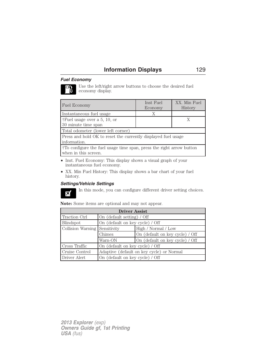 Fuel economy, Settings/vehicle settings, Information displays 129 | FORD 2013 Explorer v.1 User Manual | Page 129 / 576