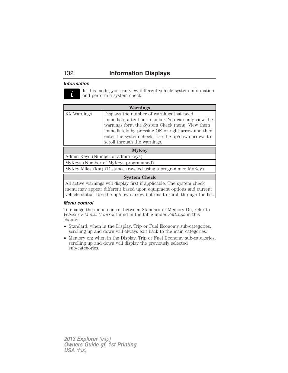 Information, Menu control, 132 information displays | FORD 2013 Explorer v.1 User Manual | Page 132 / 576