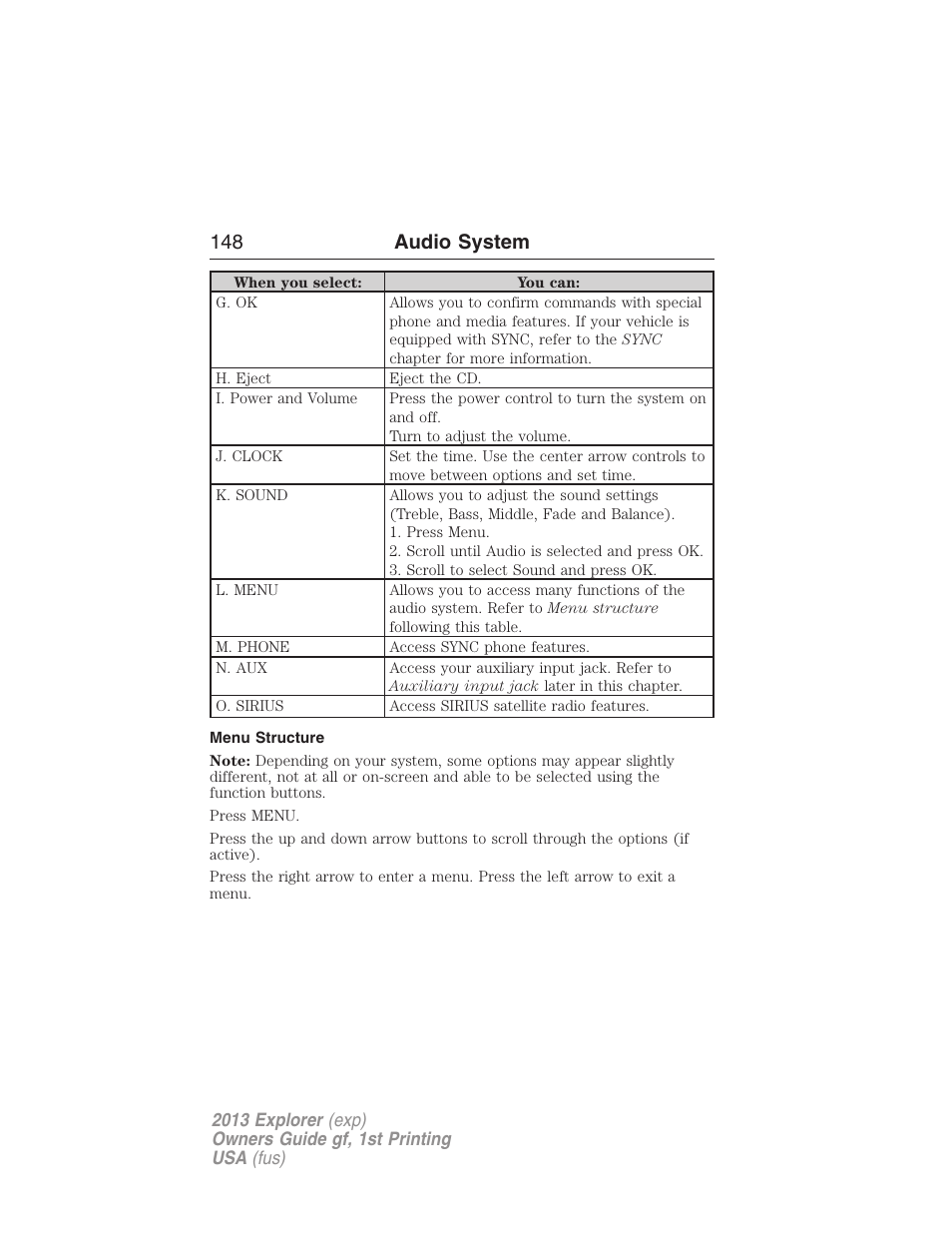 Menu structure, 148 audio system | FORD 2013 Explorer v.1 User Manual | Page 148 / 576