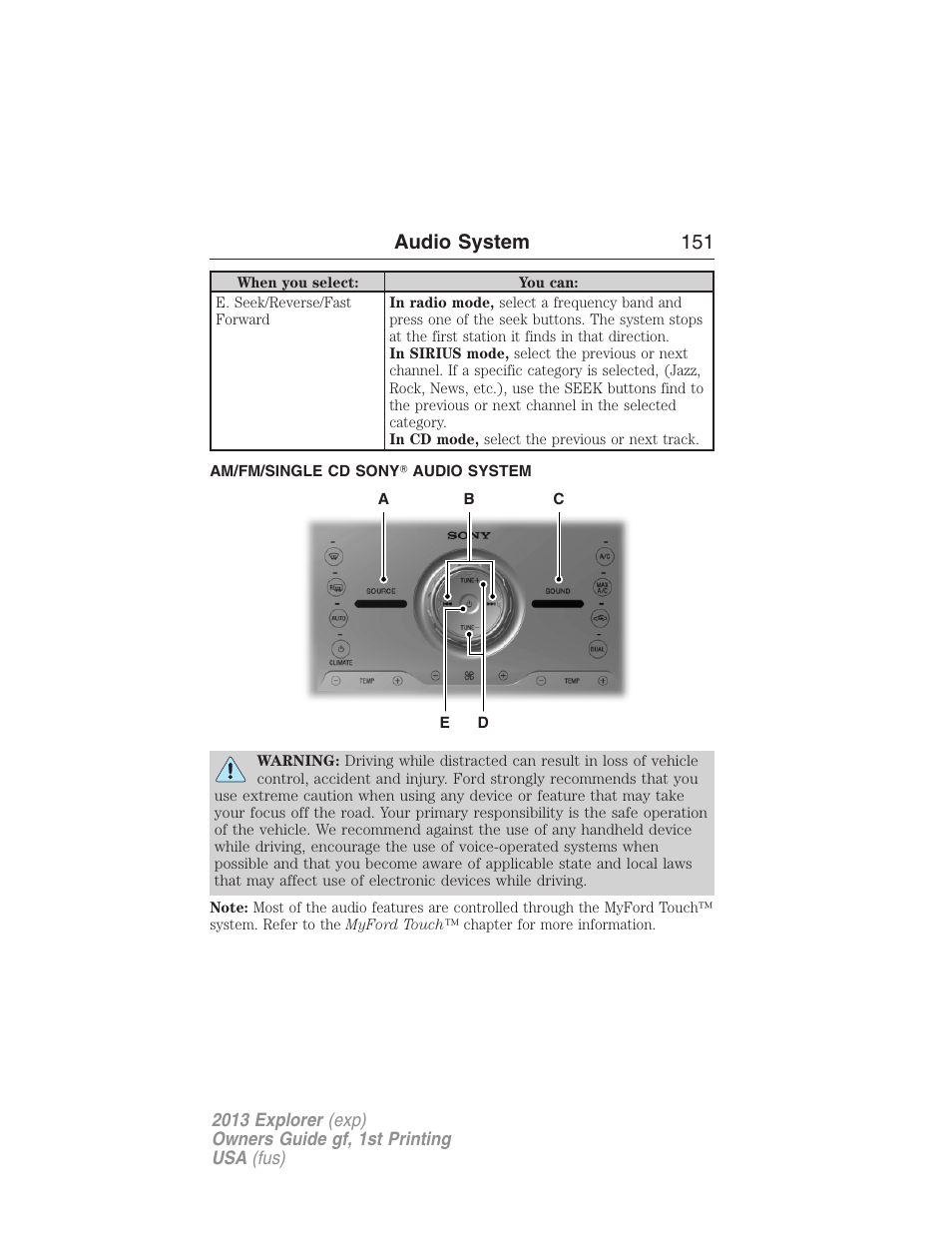 Am/fm/single cd sony? audio system, Audio system 151 | FORD 2013 Explorer v.1 User Manual | Page 151 / 576