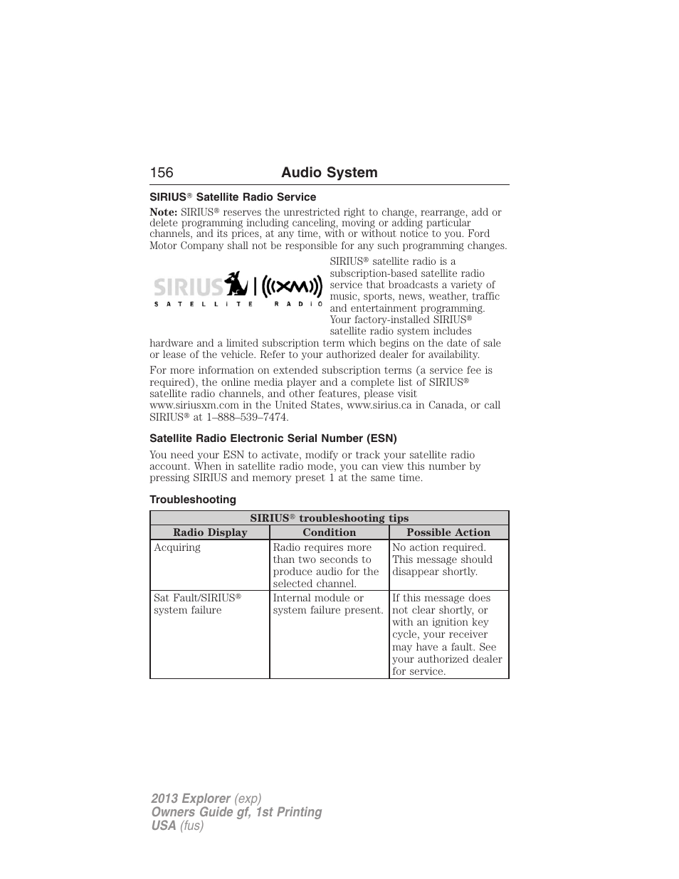 Sirius? satellite radio service, Satellite radio electronic serial number (esn), Troubleshooting | 156 audio system | FORD 2013 Explorer v.1 User Manual | Page 156 / 576