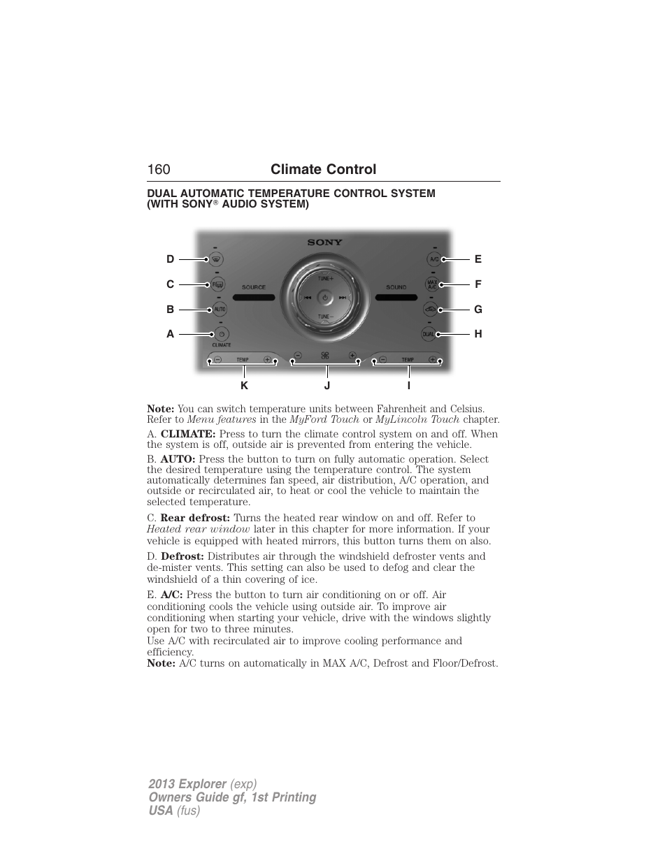 Dual automatic temperature control, 160 climate control | FORD 2013 Explorer v.1 User Manual | Page 160 / 576