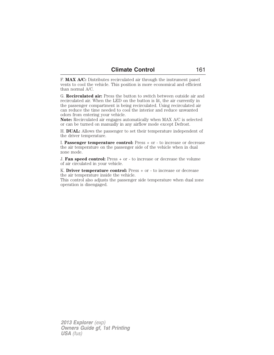 Climate control 161 | FORD 2013 Explorer v.1 User Manual | Page 161 / 576