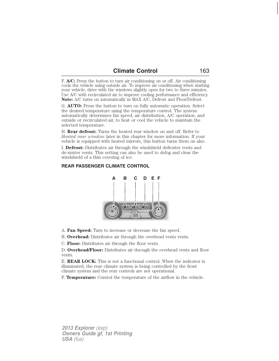 Rear passenger climate control, Auxiliary passenger climate control, Climate control 163 | FORD 2013 Explorer v.1 User Manual | Page 163 / 576