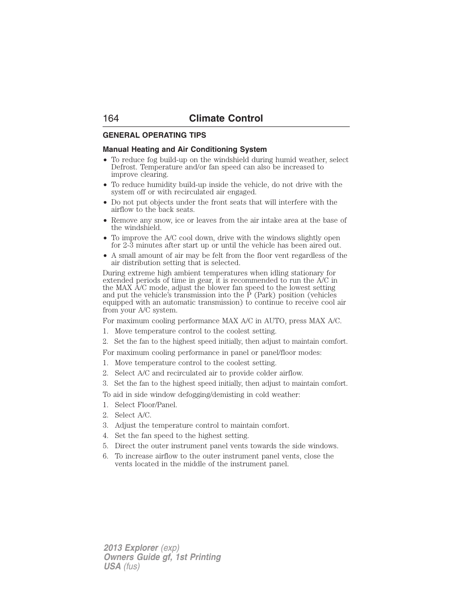 General operating tips, Manual heating and air conditioning system, 164 climate control | FORD 2013 Explorer v.1 User Manual | Page 164 / 576