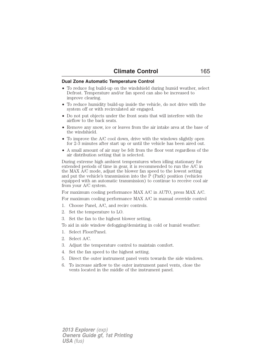 Dual zone automatic temperature control, Climate control 165 | FORD 2013 Explorer v.1 User Manual | Page 165 / 576