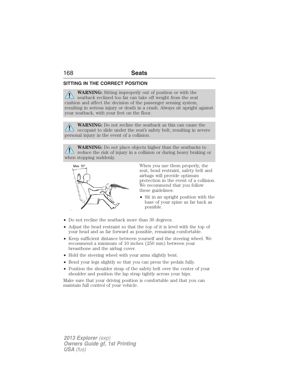 Seats, Sitting in the correct position, 168 seats | FORD 2013 Explorer v.1 User Manual | Page 168 / 576