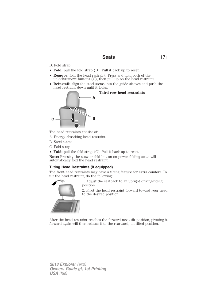 Tilting head restraints (if equipped), Seats 171 | FORD 2013 Explorer v.1 User Manual | Page 171 / 576