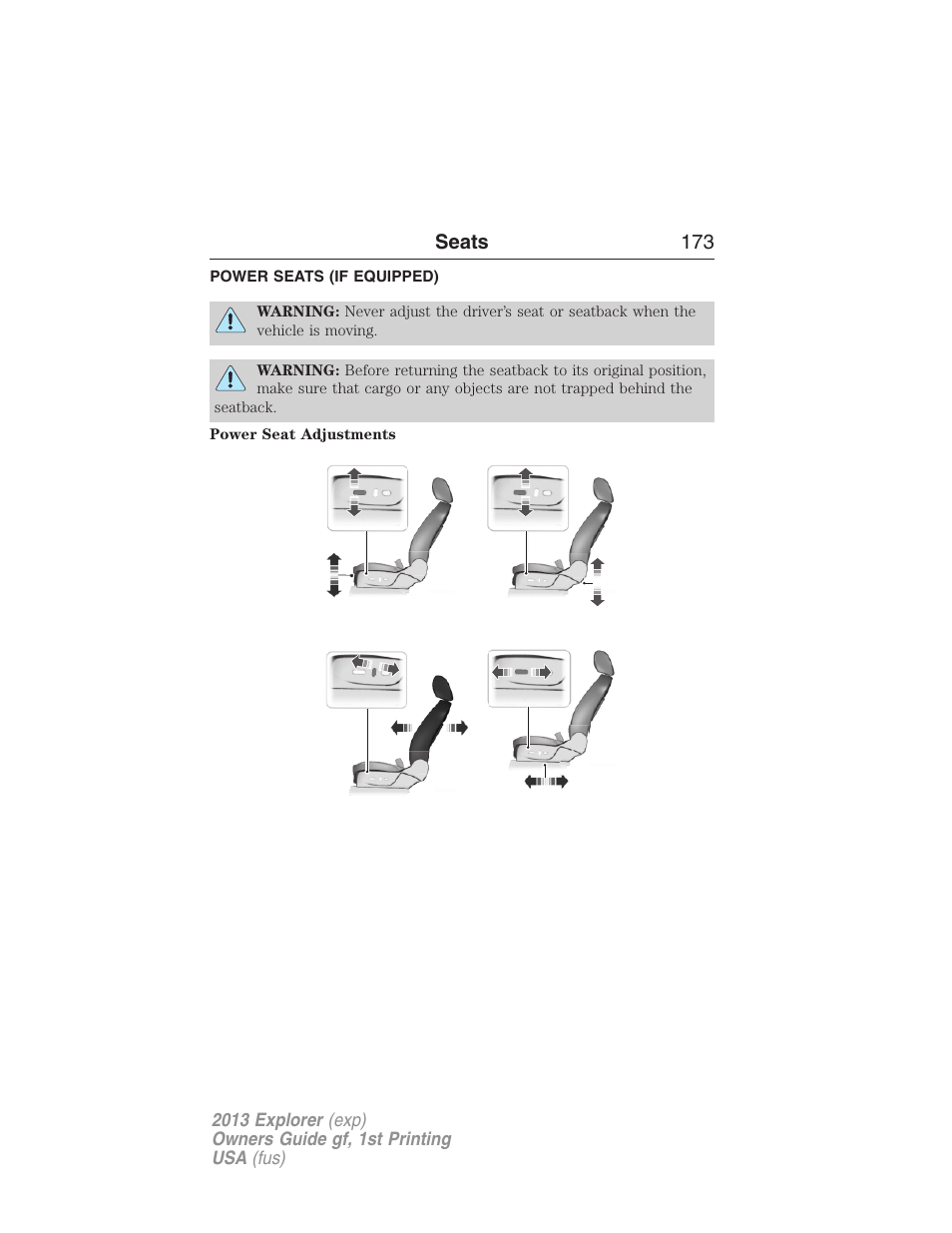 Power seats (if equipped), Power seats | FORD 2013 Explorer v.1 User Manual | Page 173 / 576