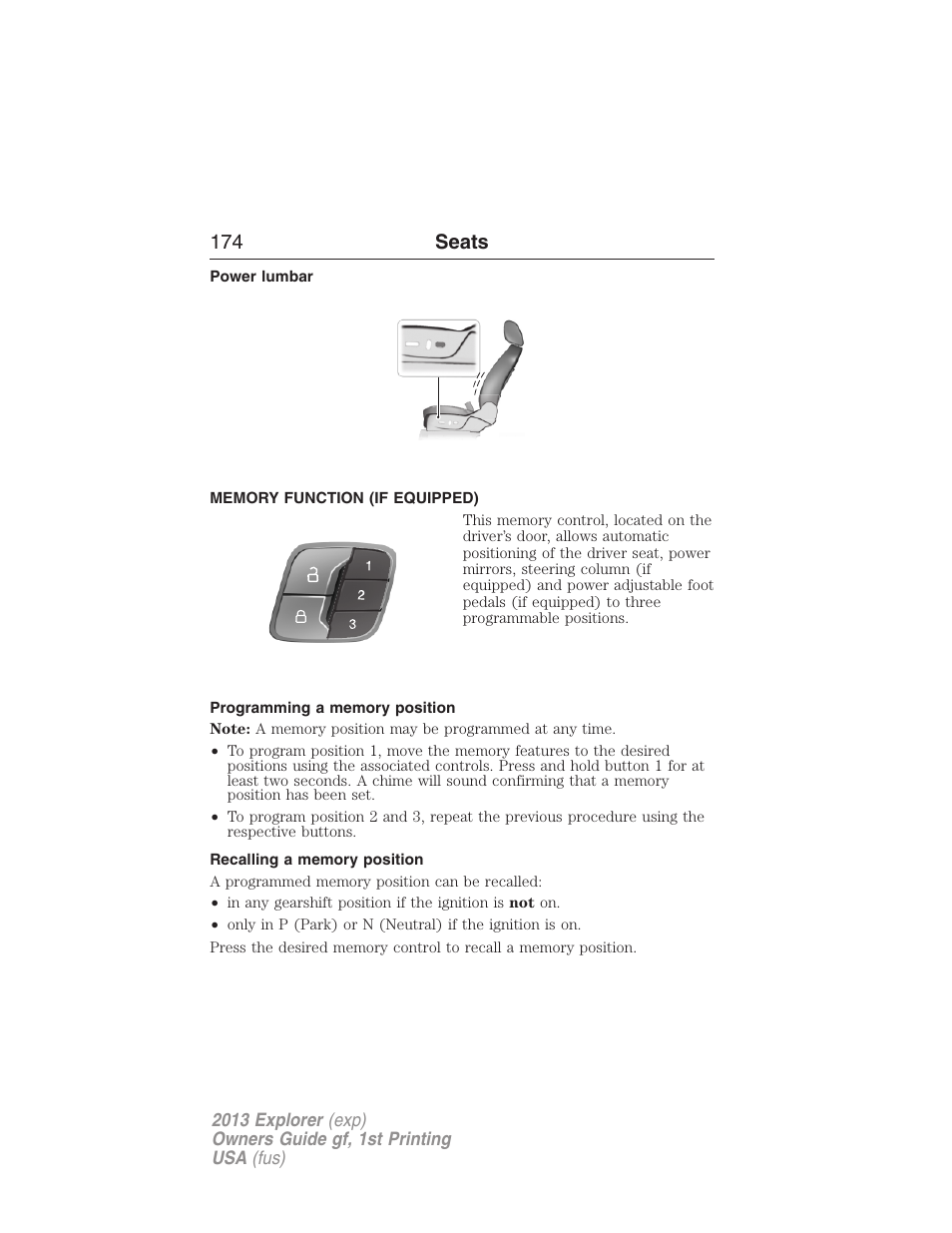 Power lumbar, Memory function (if equipped), Programming a memory position | Recalling a memory position, Memory function, 174 seats | FORD 2013 Explorer v.1 User Manual | Page 174 / 576