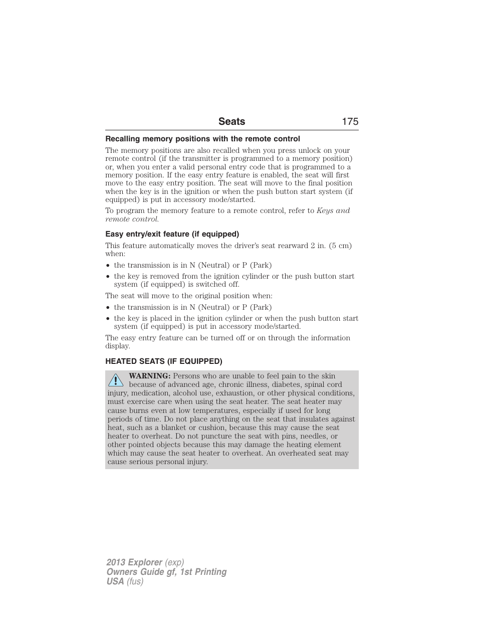 Recalling memory positions with the remote control, Easy entry/exit feature (if equipped), Heated seats (if equipped) | Heated seats, Seats 175 | FORD 2013 Explorer v.1 User Manual | Page 175 / 576