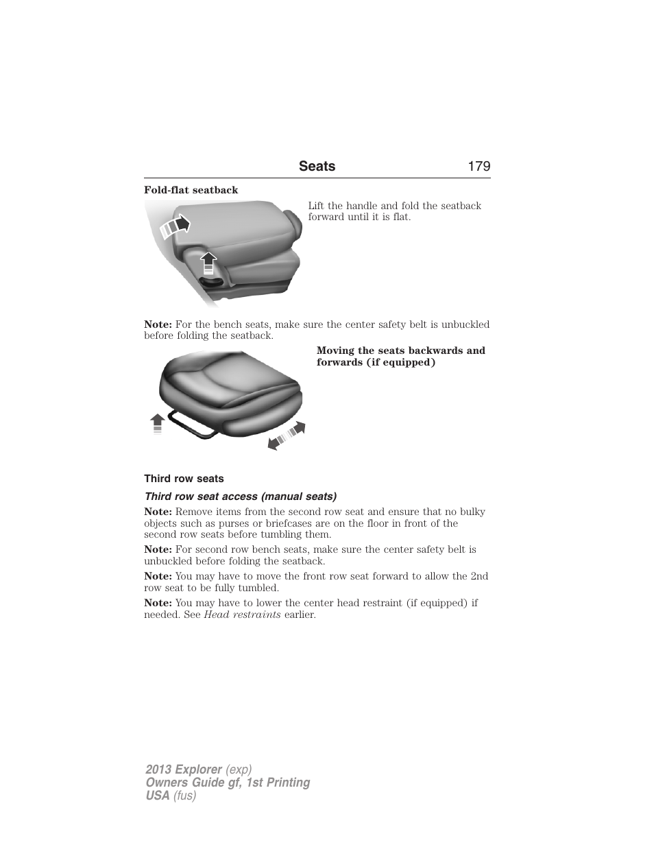 Third row seats, Third row seat access (manual seats), Seats 179 | FORD 2013 Explorer v.1 User Manual | Page 179 / 576