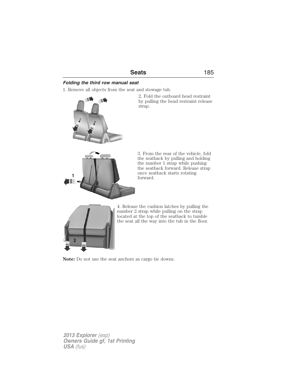 Folding the third row manual seat, Seats 185 | FORD 2013 Explorer v.1 User Manual | Page 185 / 576