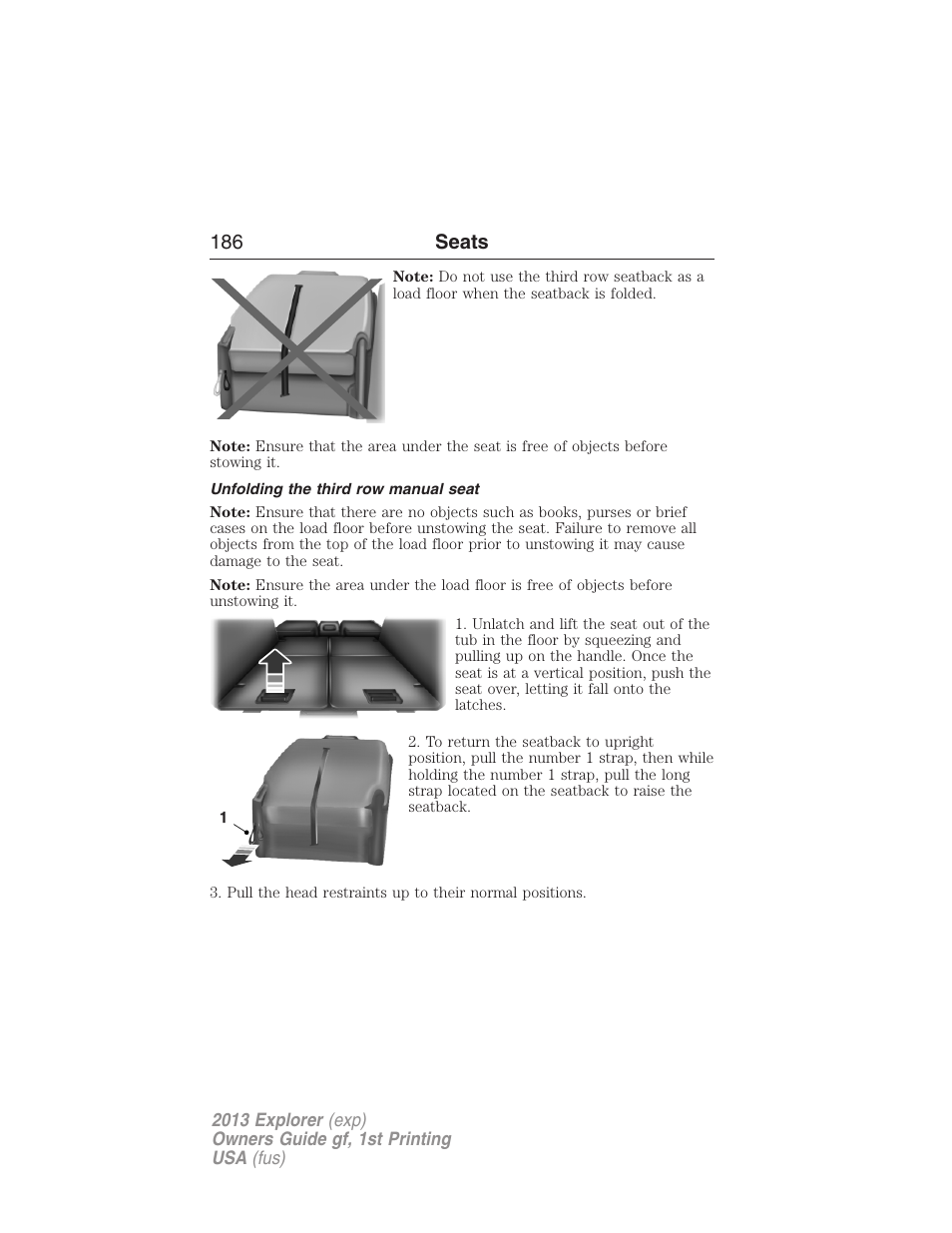 Unfolding the third row manual seat, 186 seats | FORD 2013 Explorer v.1 User Manual | Page 186 / 576