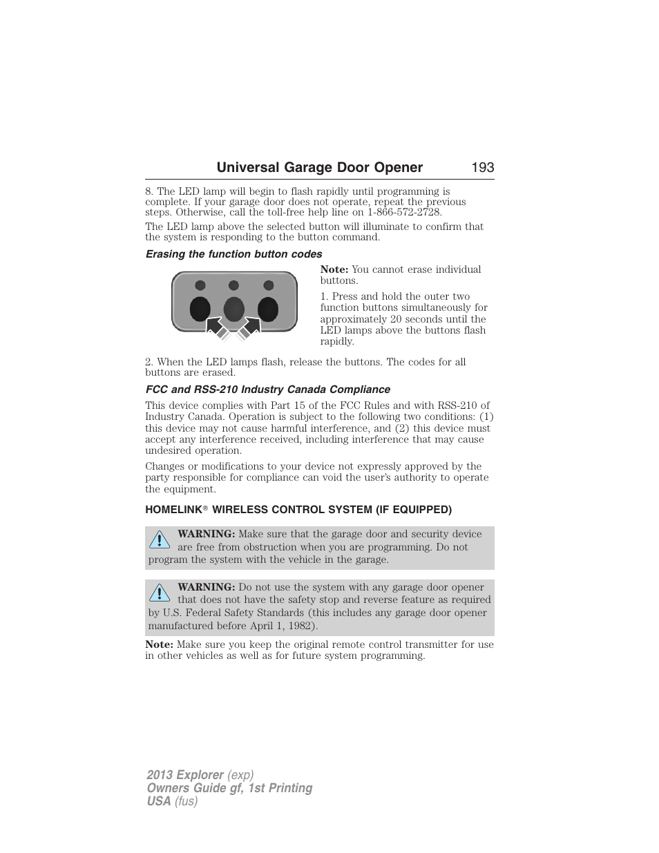 Erasing the function button codes, Fcc and rss-210 industry canada compliance, Homelink? wireless control system (if equipped) | Homelink, Wireless control system, Universal garage door opener 193 | FORD 2013 Explorer v.1 User Manual | Page 193 / 576