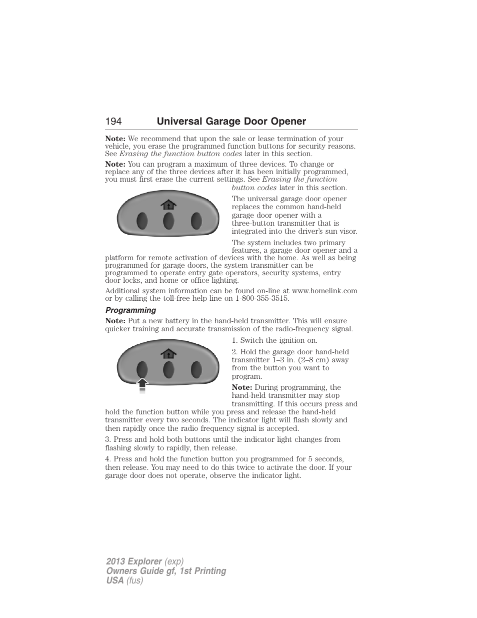 Programming, 194 universal garage door opener | FORD 2013 Explorer v.1 User Manual | Page 194 / 576