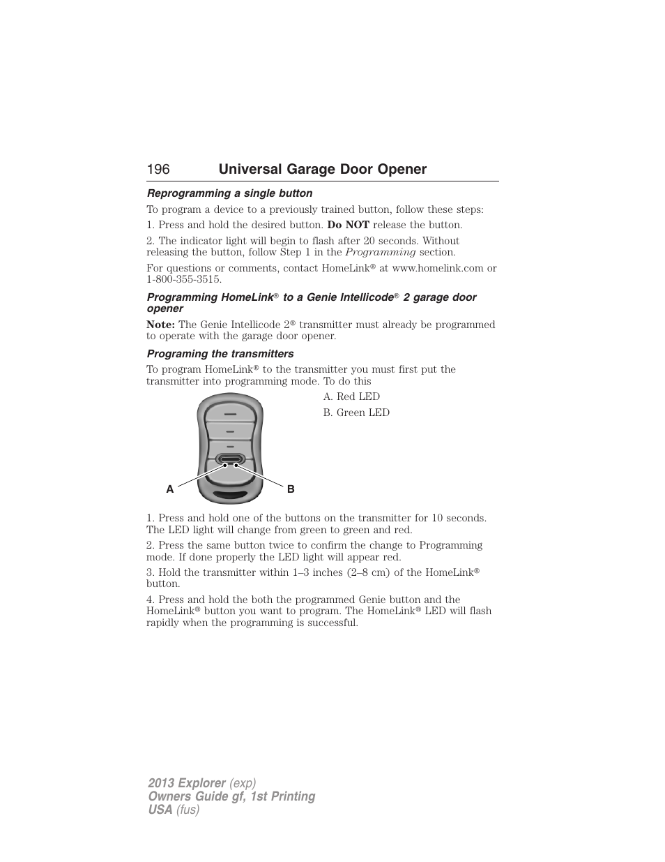 Reprogramming a single button, Programing the transmitters, 196 universal garage door opener | FORD 2013 Explorer v.1 User Manual | Page 196 / 576