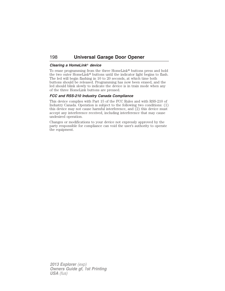 Clearing a homelink? device, Fcc and rss-210 industry canada compliance, 198 universal garage door opener | FORD 2013 Explorer v.1 User Manual | Page 198 / 576