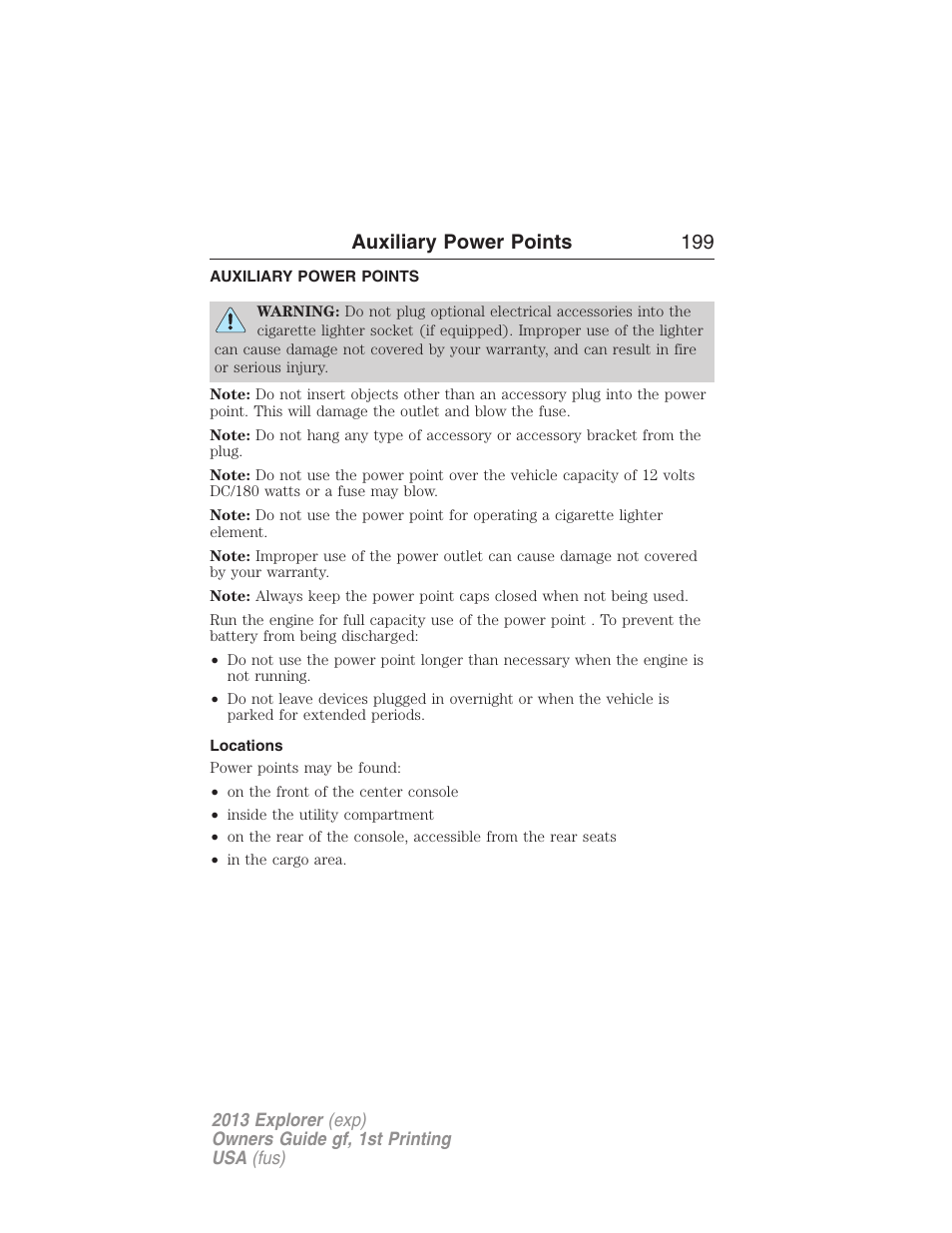 Auxiliary power points, Locations, Auxiliary power points 199 | FORD 2013 Explorer v.1 User Manual | Page 199 / 576