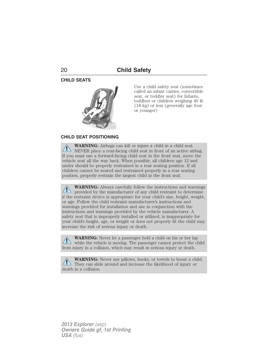 Child seats, Child seat positioning, 20 child safety | FORD 2013 Explorer v.1 User Manual | Page 20 / 576