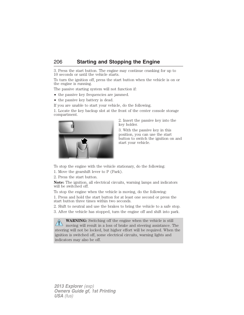 206 starting and stopping the engine | FORD 2013 Explorer v.1 User Manual | Page 206 / 576