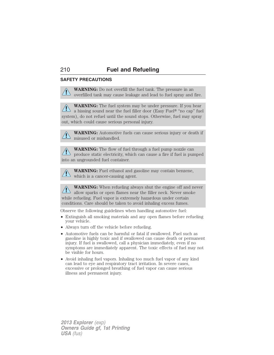 Fuel and refueling, Safety precautions, 210 fuel and refueling | FORD 2013 Explorer v.1 User Manual | Page 210 / 576