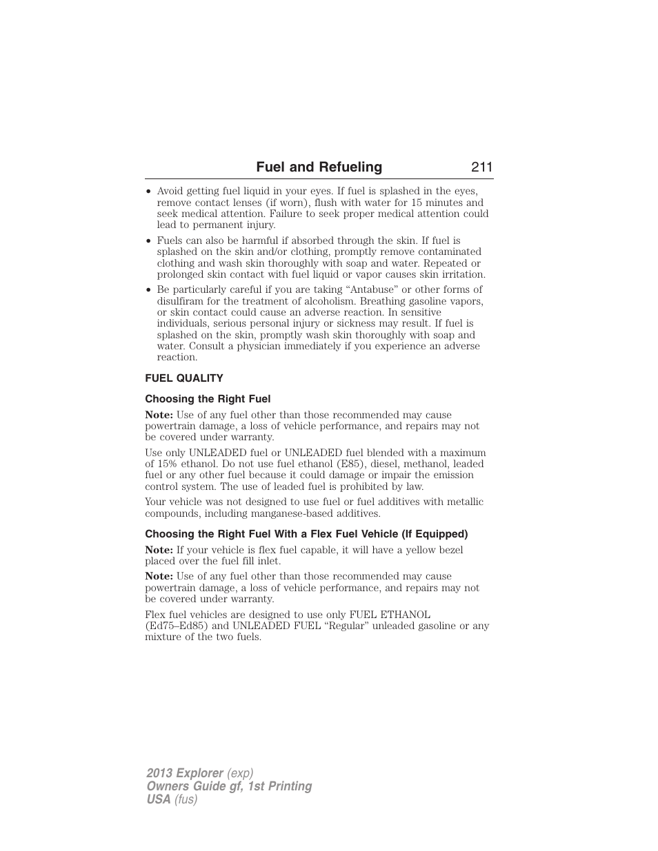 Fuel quality, Choosing the right fuel, Fuel and refueling 211 | FORD 2013 Explorer v.1 User Manual | Page 211 / 576