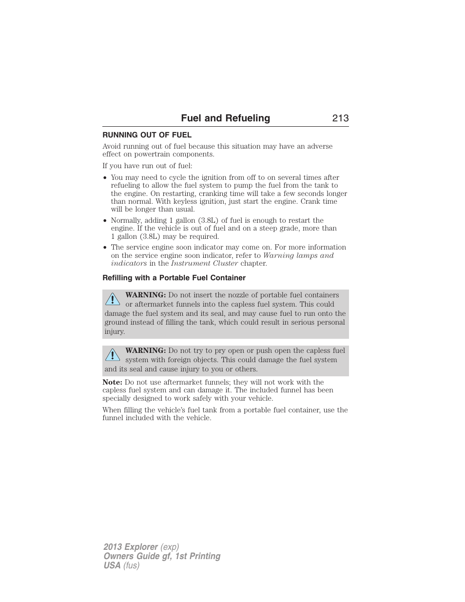 Running out of fuel, Refilling with a portable fuel container, Fuel and refueling 213 | FORD 2013 Explorer v.1 User Manual | Page 213 / 576