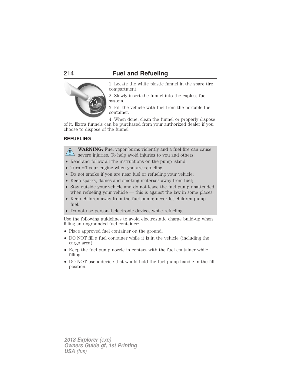 Refueling, 214 fuel and refueling | FORD 2013 Explorer v.1 User Manual | Page 214 / 576