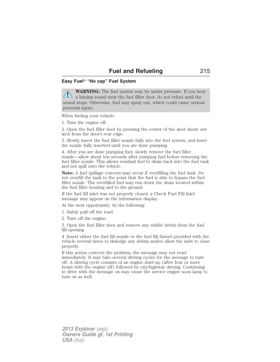Easy fuel? “no cap” fuel system, Fuel and refueling 215 | FORD 2013 Explorer v.1 User Manual | Page 215 / 576