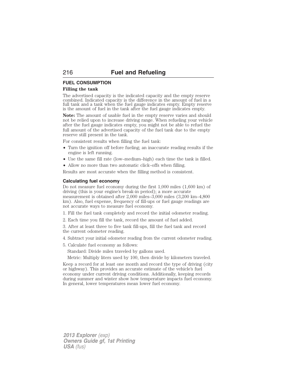 Fuel consumption, Calculating fuel economy, 216 fuel and refueling | FORD 2013 Explorer v.1 User Manual | Page 216 / 576