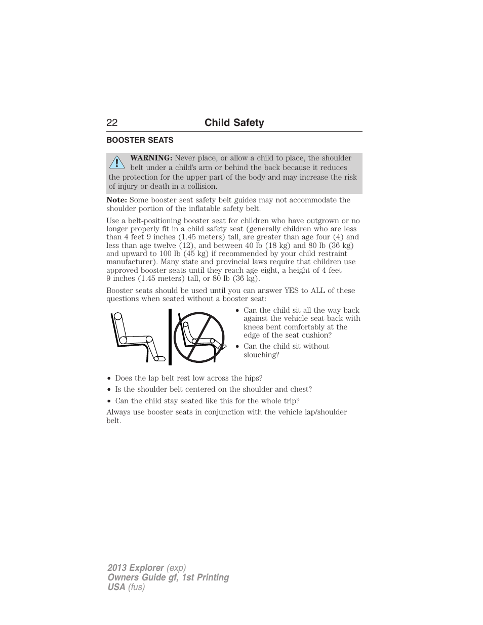 Booster seats, 22 child safety | FORD 2013 Explorer v.1 User Manual | Page 22 / 576